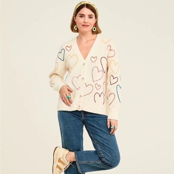 Kerri Rosenthal women Embroider Hearts Cardigan Sweater sz Medium Cream Oversize - Picture 1 of 6